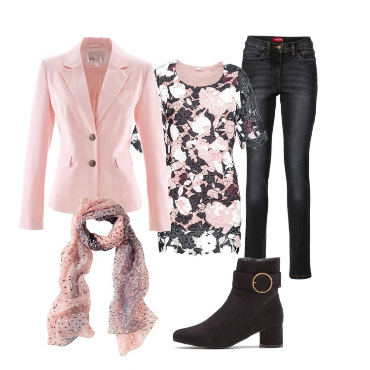 Outfit donna - Esco per una passeggiata. Stile Basic per Tutti i giorni. Abbinamento con jeans slim fit, tuniche, blazer, foulard, stivaletti.