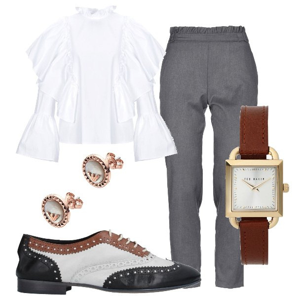 Outfit donna - Trendy #8830. Stile Trendy Abbinamento con camicia, pantalone a sigaretta con ruches vita alta con fibbia tinta unita, scarpe stringate, orologi, orecchini.