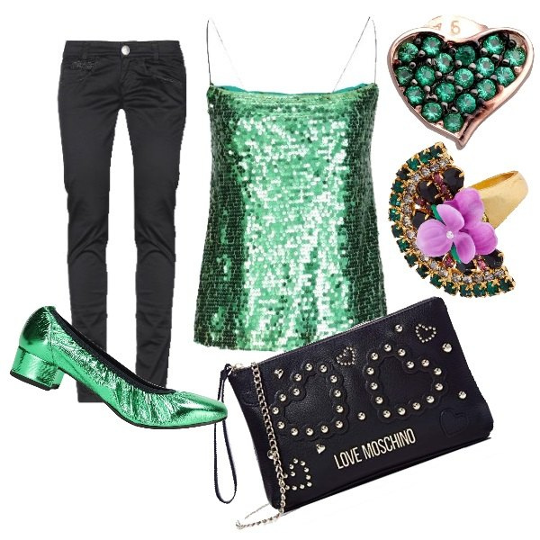 Outfit mujer - Bailarinas + pantalón. Estilo Sexy para Noche/Fiesta elegante. Combinación con carteras, top, bailarinas y zapatos planos, anello con strass, pendientes, pantalone.