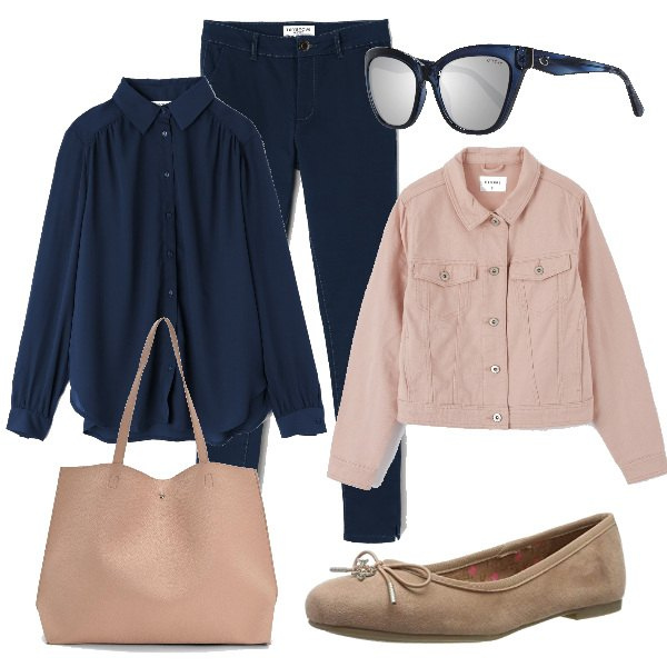Outfit donna - Basic #5015. Stile Basic per Tutti i giorni. Abbinamento con camicia collo classico tinta unita blu, pantalone skinny, giubbotto, shopping bag, ballerine, occhiali da sole.