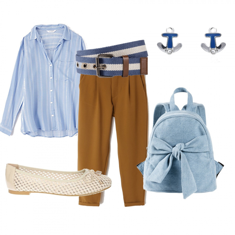 Outfit donna - Gita in barca. Stile Basic per Mare. Abbinamento con zaini, cinture, camicie, pantalone paper bag con fibbia tinta unita kaki, ballerine, orecchini con strass blu.
