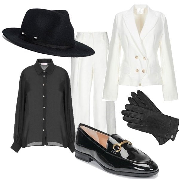 Outfit mujer - Estilo Dandy. Estilo Urban para Todos los días. Combinación con guantes nero, cappello nero, scarpe stringate, camicia, giacca, pantalone jacquard.