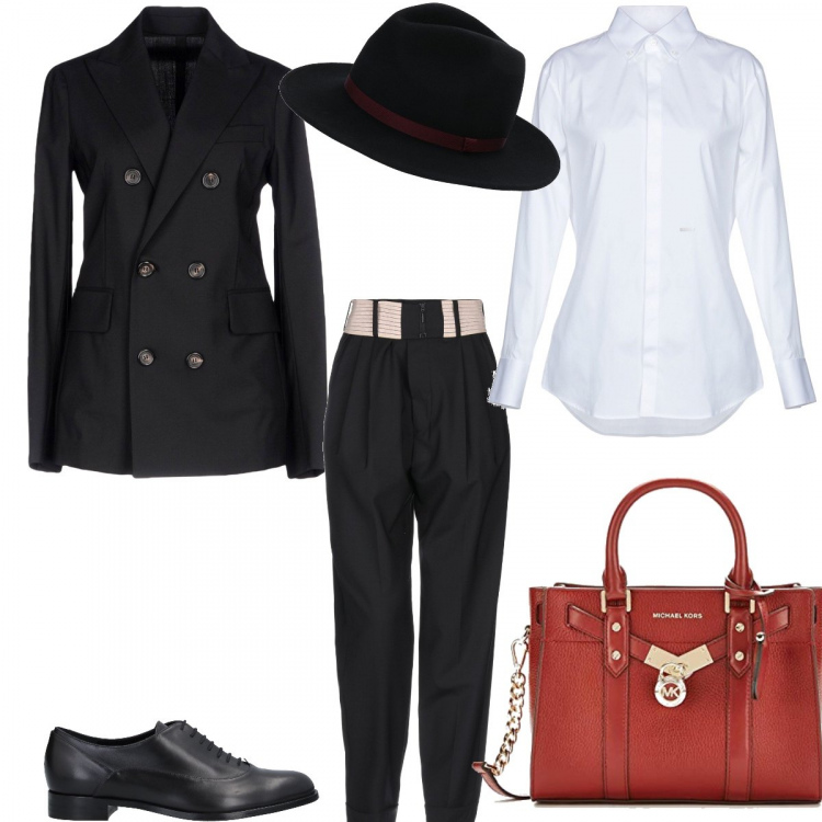 Outfit donna - Trend # Lo Stile Dandy. Stile Trendy per Tutti i giorni. Abbinamento con pantaloni, scarpe stringate, camicie, giacca doppiopetto melange collo con revers a maniche lunghe interno sfoderato tinta unita, cappelli, zaino.