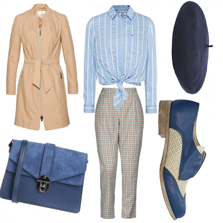 Outfit donna - Lo stile dandy. Stile Trendy per Ufficio. Abbinamento con bluse, mocassini, borse a mano, pantalone lungo, cappelli, camicie.