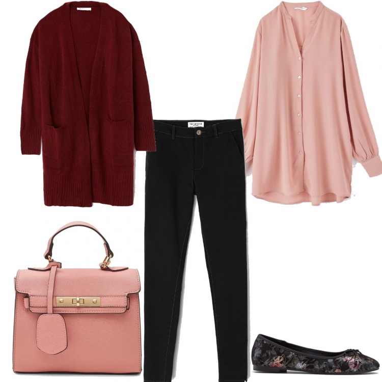 Outfit donna - Ballerine +Pantalone. Stile Urban per Ufficio. Abbinamento con ballerine fantasia floreale nero, camicie, cardigan, pantalone skinny twill nero, borsa a tracolla.