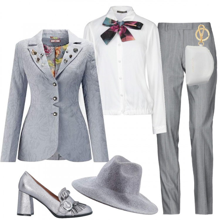 Outfit donna - Lo stile Dandy. Stile Trendy per Serata fuori. Abbinamento con mocassini, pantaloni, camicia, portachiavi, blazer, cappelli.