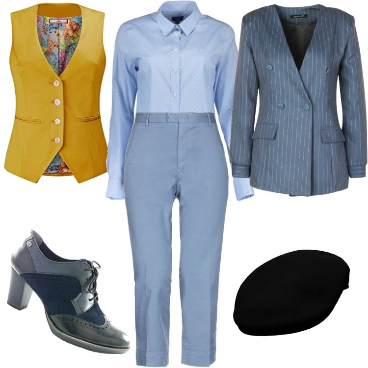 Outfit donna - Dandy in primavera. Stile Trendy per Ufficio. Abbinamento con pantaloni, blazer doppiopetto motivo gessato azzurro, giacca, scarpe stringate, camicia, berretto unisex-adulto blu scuro.