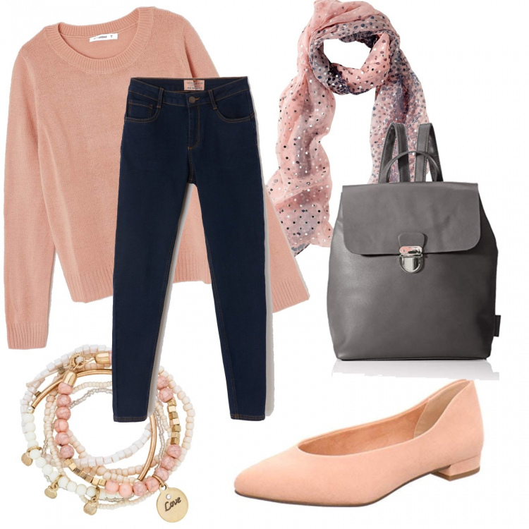 Outfit donna - Dancer. Stile Trendy per Tutti i giorni. Abbinamento con braccialetti, foulard, pantalone skinny, maglione, ballerine, borsa zainetto in denim grigio.