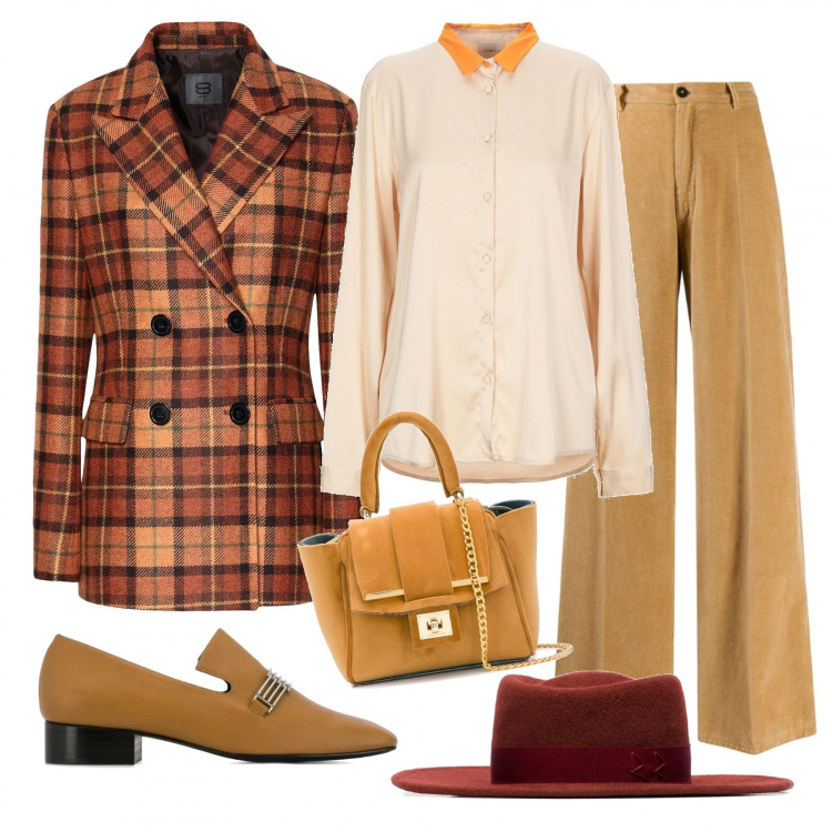 Outfit donna - Donna Dandy. Stile Trendy per Ufficio. Abbinamento con camicie, blazer, pantaloni, mocassini con tacco basso e fibbia con punta quadrata, cappello, borse tote.