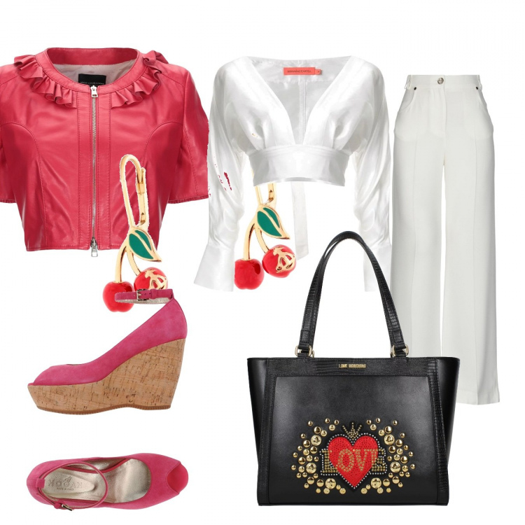 Outfit donna - Trendy #8862. Stile Trendy per Tutti i giorni. Abbinamento con décolleté, pantalone lungo, orecchini, blazer, borsa a spalla, blusa con nodi a maniche lunghe crop con spacco e polsini bianco.