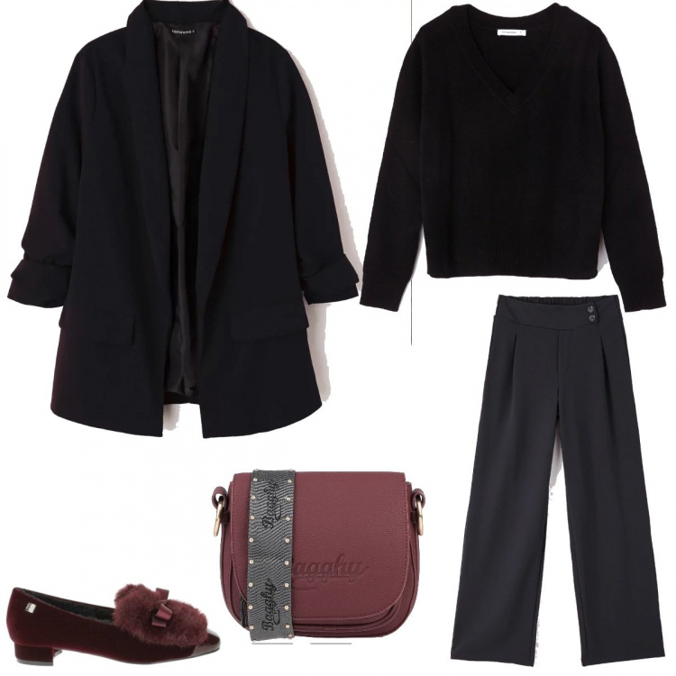 Outfit donna - Basic #5028. Stile Basic per Tutti i giorni. Abbinamento con borsa a tracolla, giacca, pantaloni a palazzo, maglione con scollo nero, ballerine.