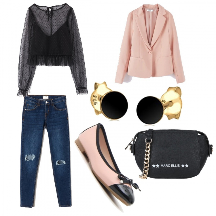Outfit donna - Rosa & black. Stile Bon Ton per Serata fuori. Abbinamento con borsa a tracolla, t-shirt con ruches girocollo a maniche lunghe in tulle nero, blazer, jeans skinny effetto strappato in denim blu, ballerine, orecchini.