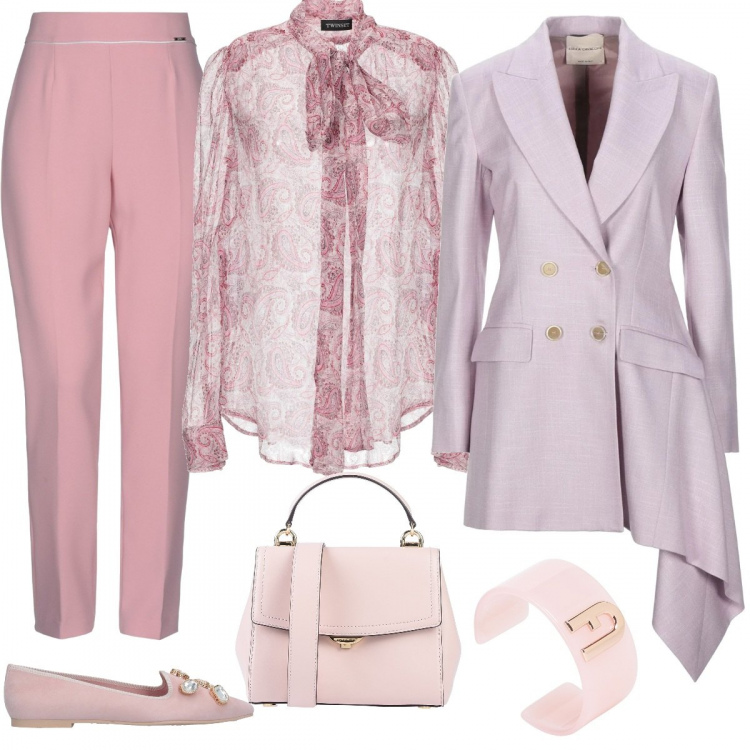 Outfit femme - Pink dandy. Style Chic pour Soirée dehors. Assortir avec blazers, pantalon , chemises, sacs à main, ballerines et chaussures plates, bracelets.