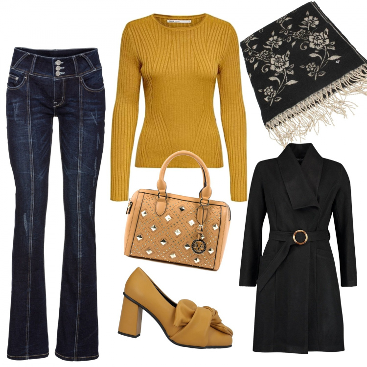 Outfit donna - In un giorno qualunque.. sempre glamour!. Stile Trendy per Tutti i giorni. Abbinamento con jeans bootcut, décolleté, cappotto, sciarpe, pullover, borse a mano.