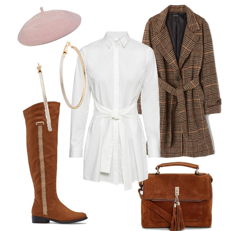 Outfit donna - Abito camicia. Stile Urban per Tutti i giorni. Abbinamento con vestiti, stivali con strass e zip marrone, orecchini, borse a spalla, cappotto principe di galles con bottoni cammello, berretti.
