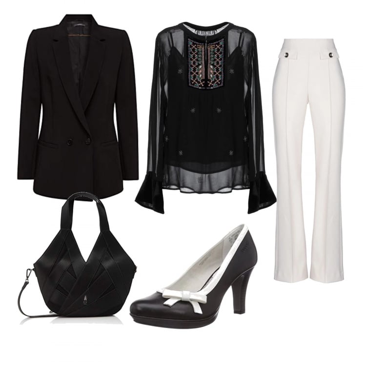 Outfit mujer - Bon Ton #3768. Estilo Bon Ton para Oficina. Combinación con zapatos de tacón, bolso shopper, blazer nero, blusa in velluto, pantalones.