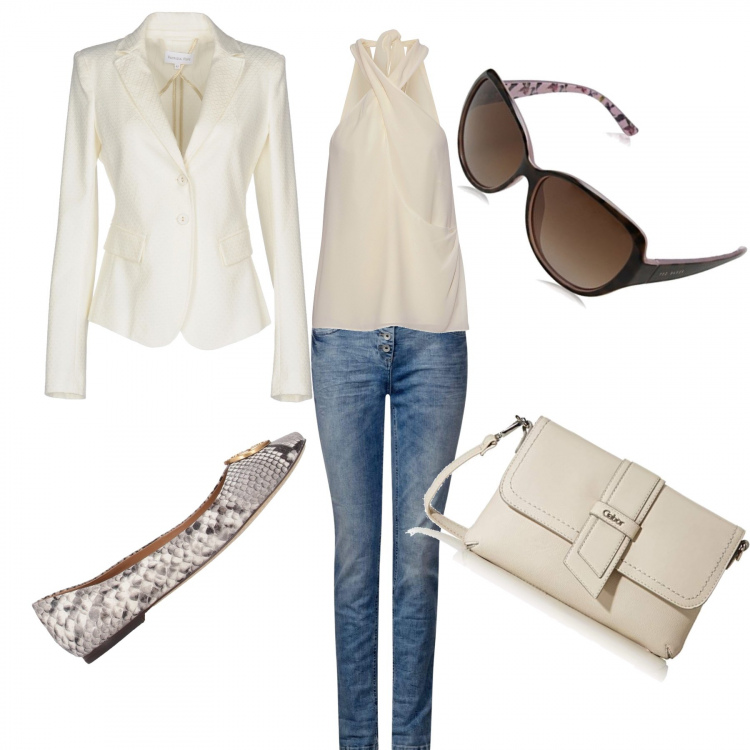 Outfit mujer - Bailarinas. Estilo Trendy para Todos los días. Combinación con bandoleras, gafas de sol y monturas para gafas graduadas, vaqueros rectos, top, bailarinas y zapatos planos multicolore, giacca jacquard.