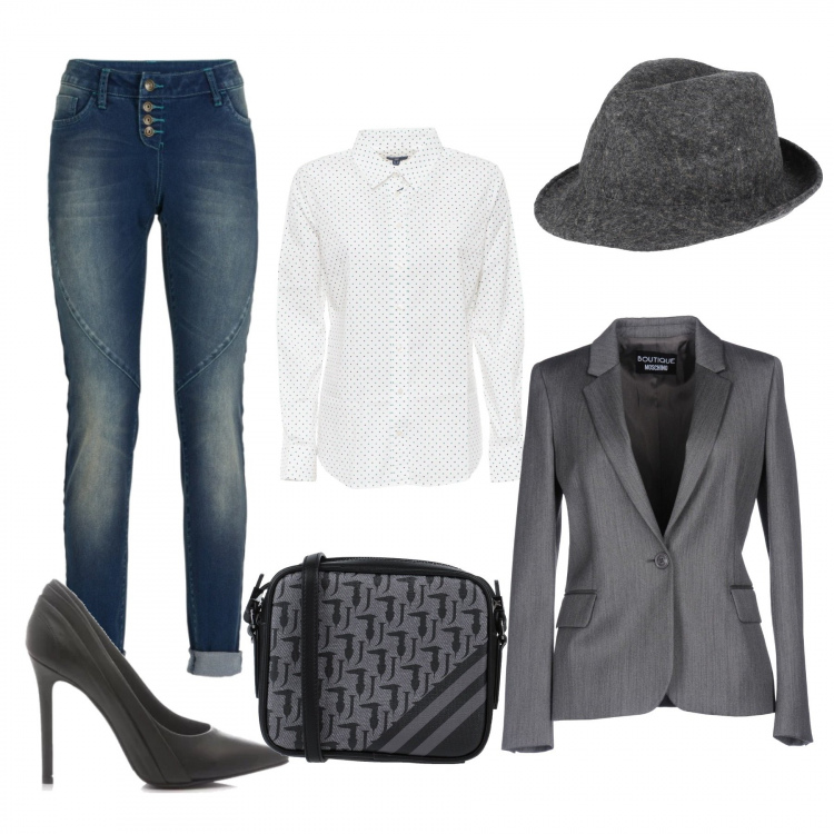 Outfit donna - Dandy. Stile Trendy per Ufficio. Abbinamento con jeans boyfriend, giacca collo con revers a maniche lunghe interno foderato in flanella tinta unita, cappello, borsa a tracolla, scarpa, camicia fantasia collo classico con bottoni verde e blu.
