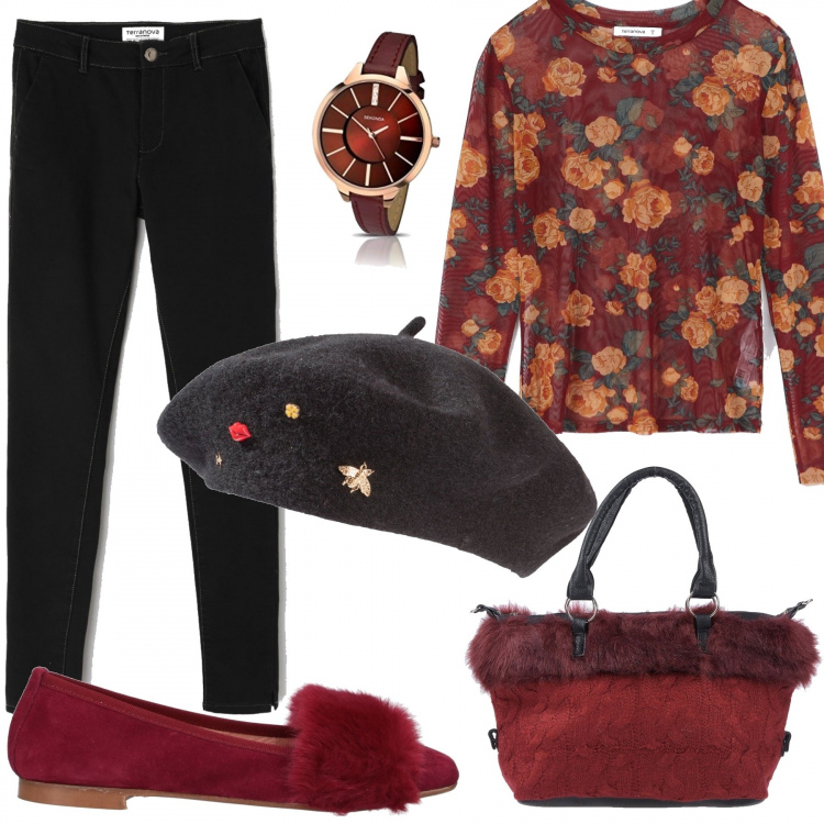 Outfit donna - A spasso per Parigi. Stile Bon Ton per Tutti i giorni. Abbinamento con cappelli e berretti, ballerine, borsa a mano, t-shirt fantasia floreale girocollo a maniche lunghe in tulle bordeaux, pantalone skinny twill nero, orologi.