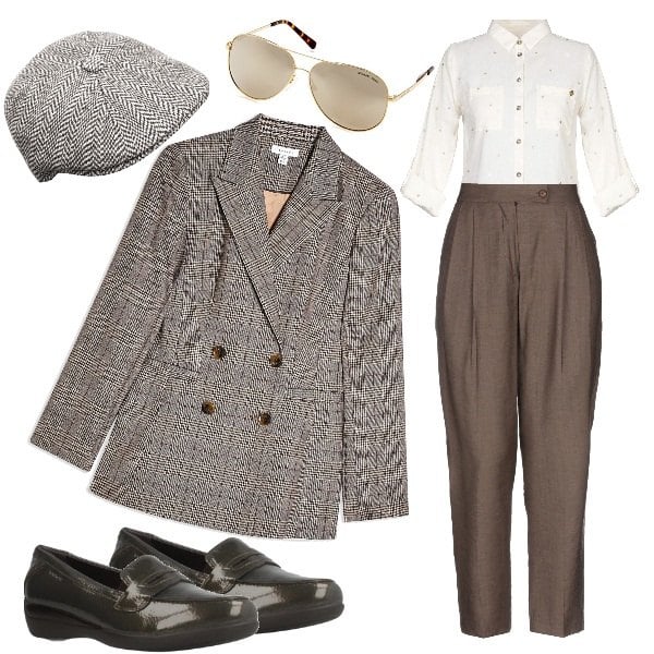 Outfit mujer - Masculino muy femenino. Estilo Trendy para Todos los días. Combinación con cappello, gafas de sol y monturas para gafas graduadas unisex-adulto, scarpe stringate, camisas, giacca tweed, pantalones.