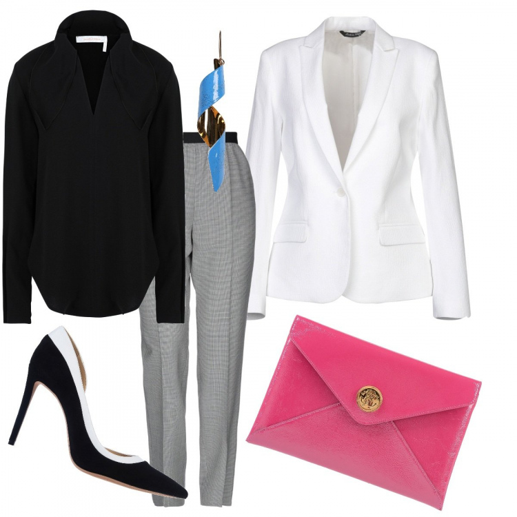 Outfit femme - Chic #4977. Style Chic pour Bureau. Assortir avec chemises, pantalon , escarpins, sacs à main, blazers, boucles d'oreilles.