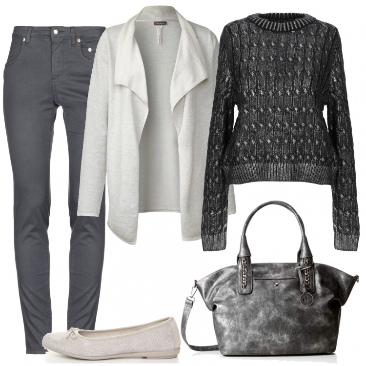 Outfit mujer - Urban #4317. Estilo Urban para Todos los días. Combinación con maglioncino melange grigio, bolso de mano, bailarinas, pullover, pantalone.