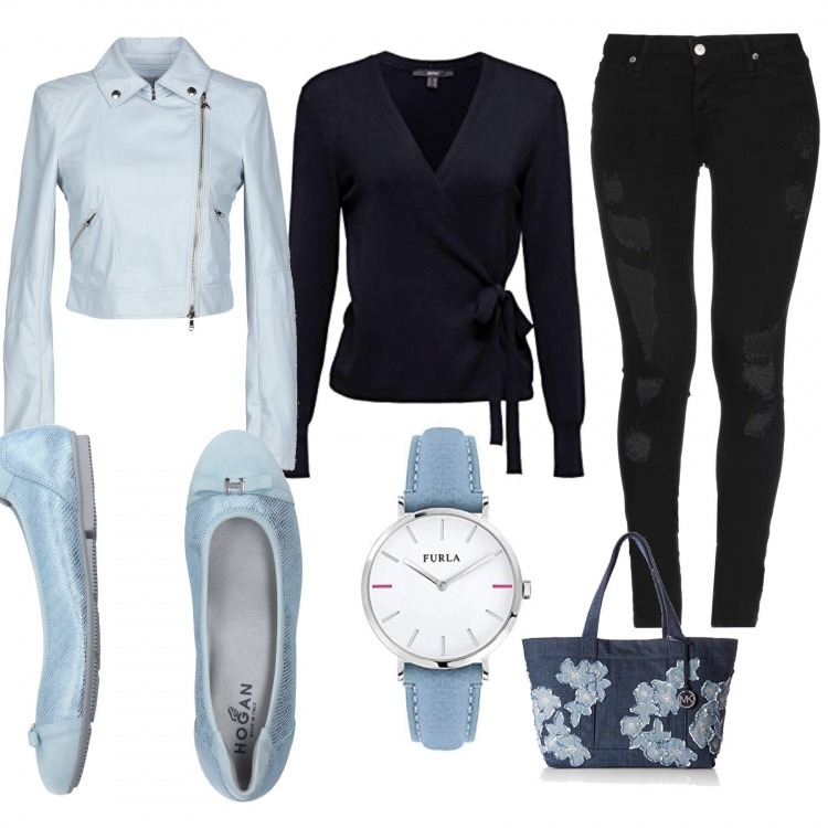 Outfit mujer - De azules. Estilo Urban para Todos los días. Combinación con bolso tote, maglioncino, orologio, pantalone, bailarinas, giacca.