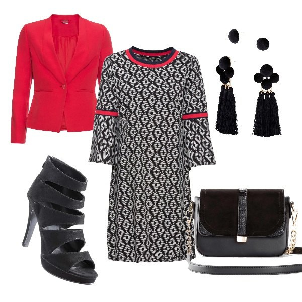 Outfit donna - 0006# Magre anche con le curve. Stile Urban per Ufficio. Abbinamento con vestiti, blazer, sandali col tacco, borsa a tracolla, orecchini.