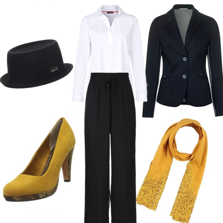 Outfit mujer - Dandy. Estilo Trendy para Oficina. Combinación con zapatos de tacón, blusas, blazers, sombreros, pantalone, estolas.