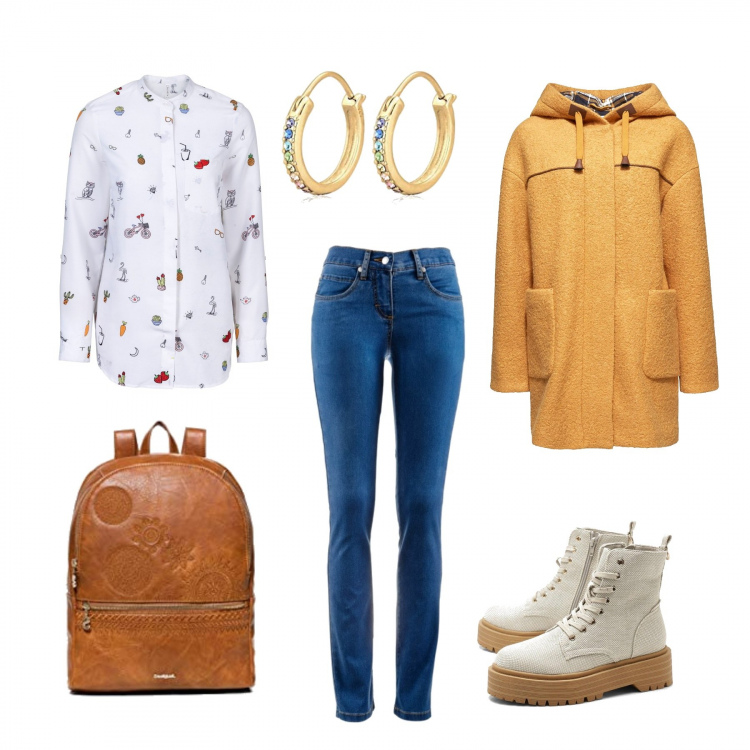 Outfit donna - A lezione con buon umore. Stile Urban per Scuola/Università. Abbinamento con jeans dritti, camicie, stivaletti, zaino con bretelle e zip con manico nero, giubbotto, orecchini.