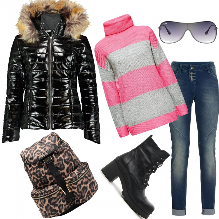 Outfit donna - Settimana Bianca. Stile Basic per Tutti i giorni. Abbinamento con jeans boyfriend, borsa, cappotto wrap nero, stivaletti, occhiali da sole unisex-adulto marrone e bianco, felpe.