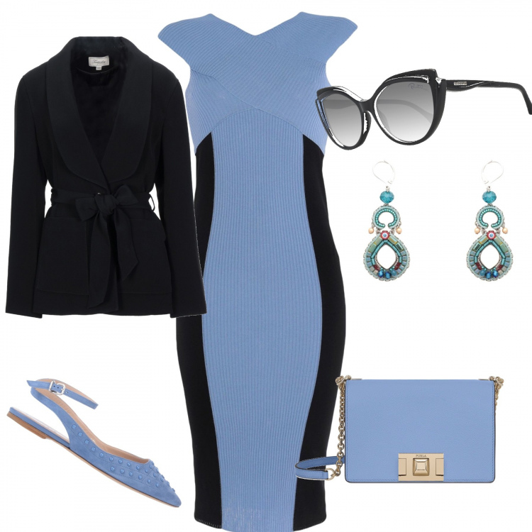 Outfit donna - La premier dame Carla. Stile Bon Ton per Cerimonia. Abbinamento con ballerine, vestito longuette/midi, borsa a tracolla, giacca, orecchini, occhiali da sole.