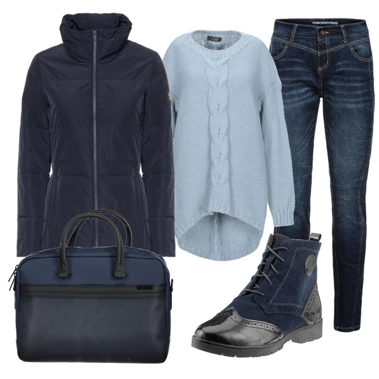 Outfit donna - Oggi mi serve il pc. Stile Basic per Scuola/Università. Abbinamento con jeans boyfriend, pullover lavorato a maglia collo tondo a maniche lunghe tinta unita, portacomputer blu, stivali navy, giubbotto.