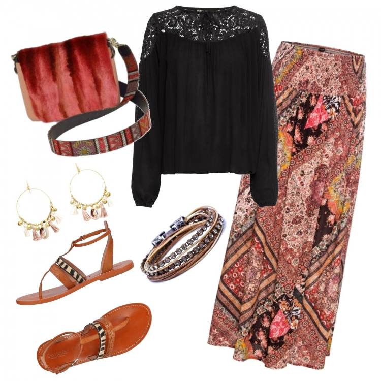 Outfit donna - Un po\' hippie!. Stile Etnico per Tutti i giorni. Abbinamento con tuniche, gonne, infradito, orecchini con nappine oro, bracciale oro, borsa a tracolla rosa e rosso.