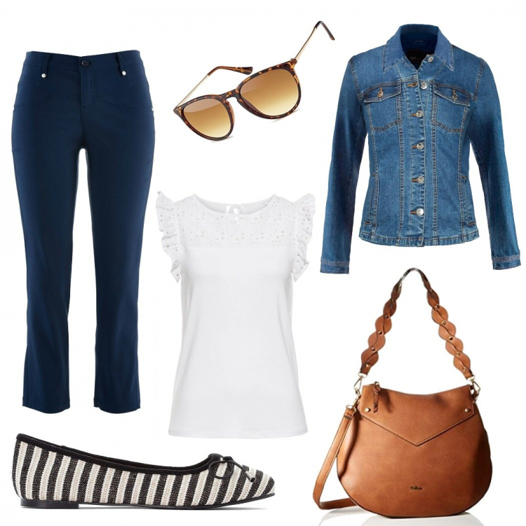 Outfit femme - Au bord de l\'eau. Style Basique pour Tous les jours. Assortir avec t-shirts, pantalon , manteaux, shoppers et shopping bags, ballerines et chaussures plates, lunettes de soleil.