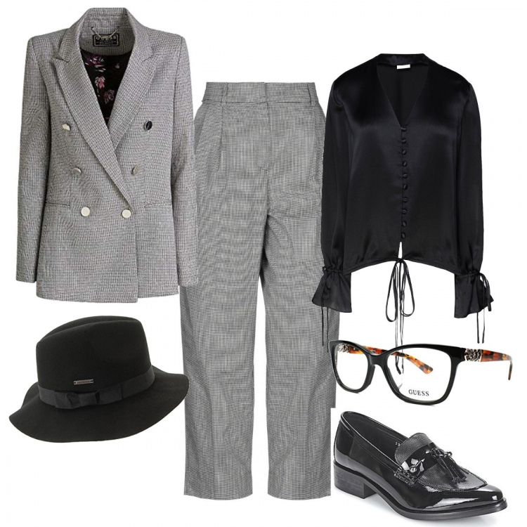 Outfit mujer - DayDandy. Combinación con gafas de sol y monturas para gafas graduadas, cappello nero, blazers, scarpe stringate, pantalone, camisas.
