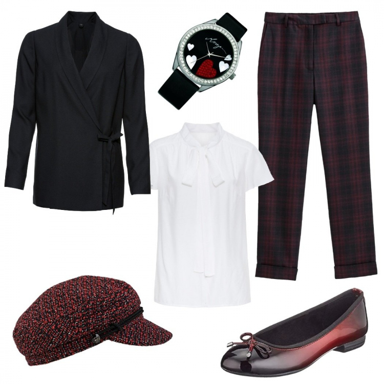 Outfit femme - Dandy. Style Tendance pour Soirée dehors. Assortir avec chemises à manches courtes, vestes, blazers et manteaux, pantalons longs, ballerines et chaussures plates, montres, chapeaux.