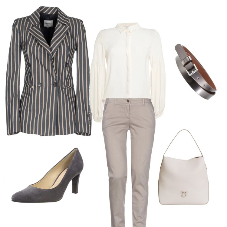 Outfit mujer - Dandy femenino. Estilo Chic para Escuela/Universidad. Combinación con zapatos de tacón, cintura, pantalones, cuerpo, giacca, shopping bag.