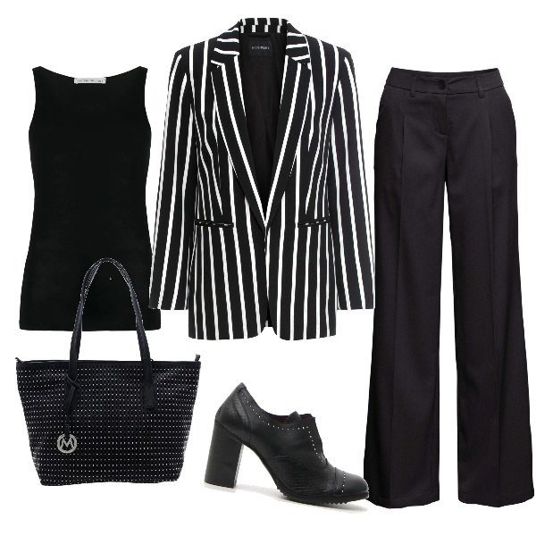 Outfit donna - Monday style: femminile e professionale. Stile Basic per Ufficio. Abbinamento con blazer, pantalone lungo, shopping bag, top, scarpe stringate.
