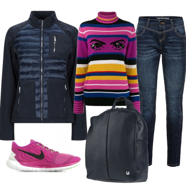 Outfit donna - Occhi. Stile Basic per Scuola/Università. Abbinamento con jeans boyfriend, giubbotto, zaino, scarpe rosa, maglione.