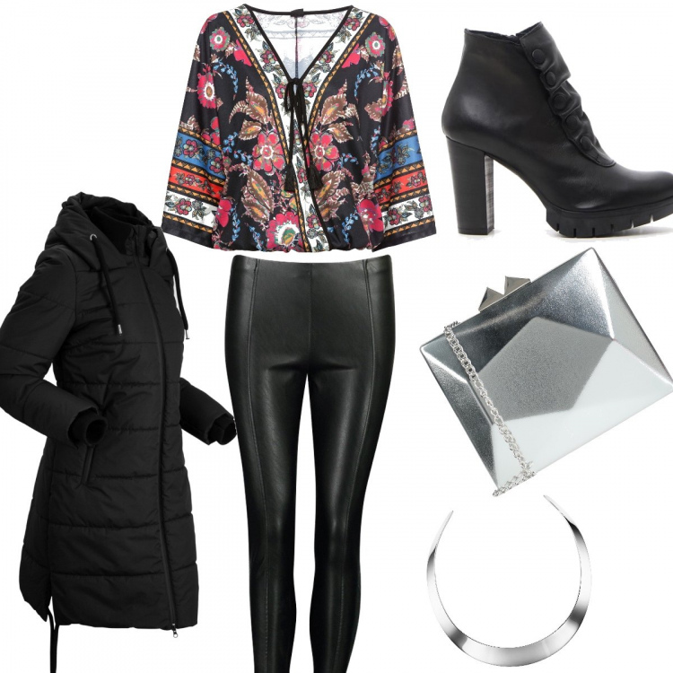 Outfit donna - Serata trendy. Stile Rock per Serata fuori. Abbinamento con blazer, pullovers, borsa a mano, treggings, stivaletti, collana girocollo rigido.