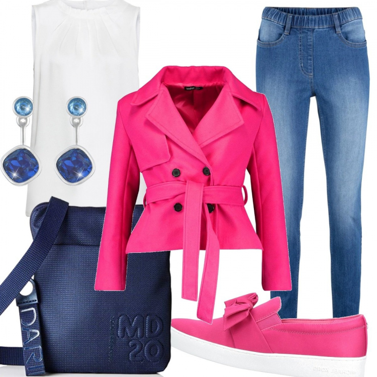 Outfit donna - Fucsia & Blu. Stile Trendy per Scuola/Università. Abbinamento con jeggings, top con arricciature, sneakers tennis, trench, borsa a spalla, orecchini.