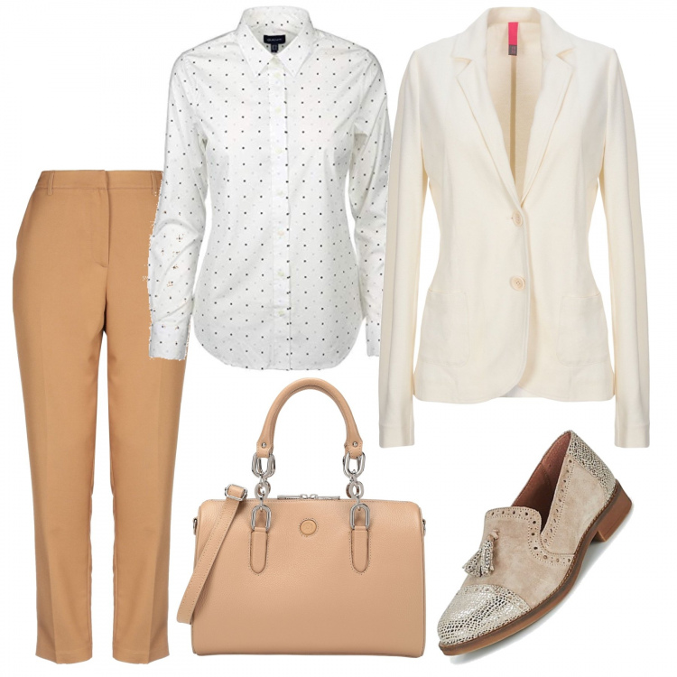 Outfit mujer - Dandy style. Estilo Trendy para Oficina. Combinación con camicia elasticizzato, scarpe stringate beige, chaqueta, bolsos de mano, pantalone.