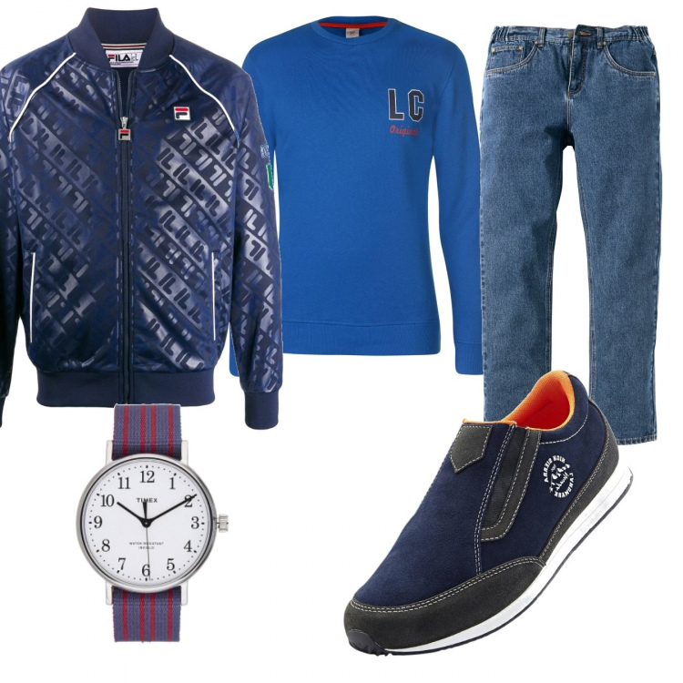 Outfit uomo - Casual #2847. Stile Casual per Tutti i giorni. Abbinamento con jeans dritti, scarpe stringate, giacca sport con stampa a maniche lunghe con orlo blu, felpe, orologi.