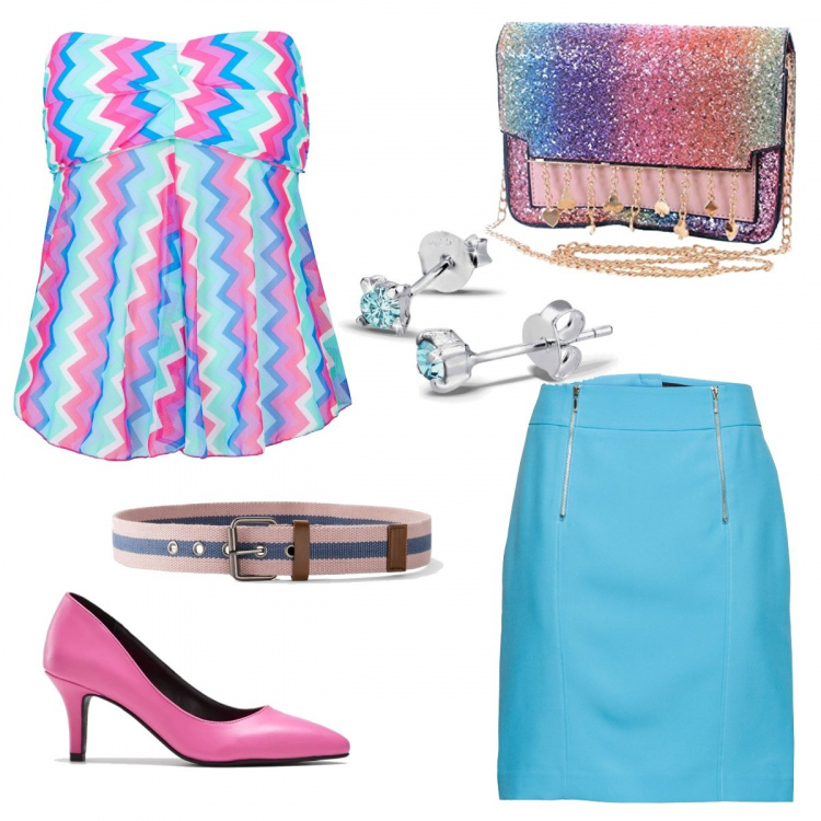 Outfit femme - Excentrique femme. Style Tendance pour Plage. Assortir avec pantalon , jupe longue, chaussures à talon, ceintures et bretelles, sac en bandoulière, boucles d'oreilles.