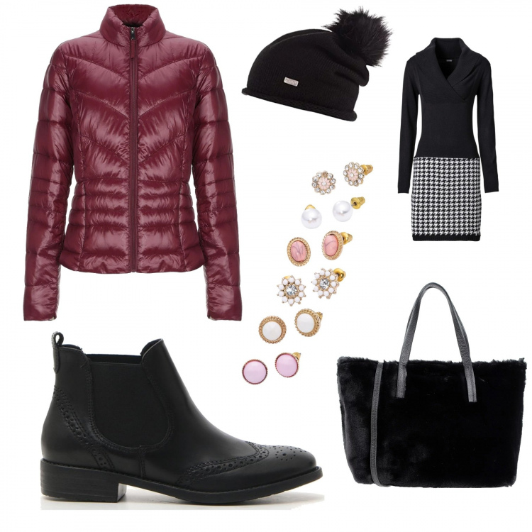 Outfit donna - Cortina. Stile Trendy per Tutti i giorni. look ideale per Petite. Abbinamento con vestiti, orecchini, piumino, borse a mano, stivaletti, berretti.