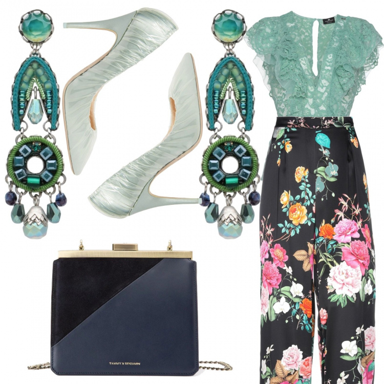 Outfit femme - Mariage au vert. Style Chic pour Cérémonie. Assortir avec tops et blouses, pantalons longs, colliers et pendantifs, chaussures à talon, sacs à main.