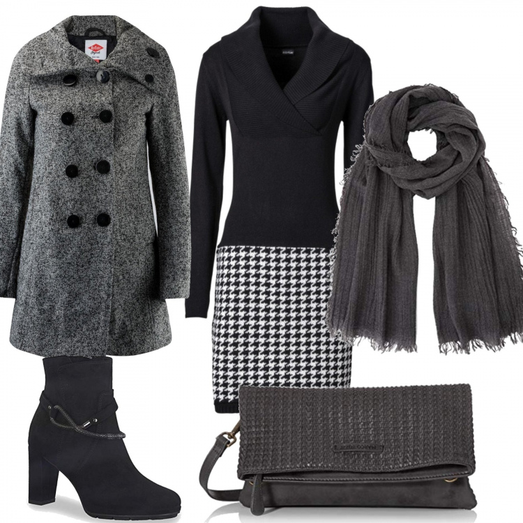 Outfit donna - Grigio e nero. Stile Trendy per Tutti i giorni. Abbinamento con vestiti, clutch nero, trench, stivaletti, sciarpe.
