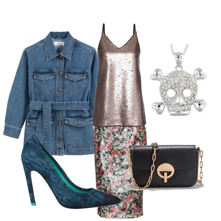 Outfit femme - Sortie restaurant. Style Rock pour Soirée dehors. Assortir avec robes longues, jupes, colliers et pendantifs, parkas et blousons, pouches, chaussures à talon.