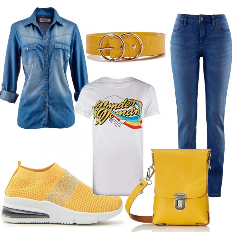 Outfit donna - Wander Woman. Stile Urban per Tutti i giorni. Abbinamento con camicie, jeans skinny, cinture, sneakers, borse a spalla, bluse.